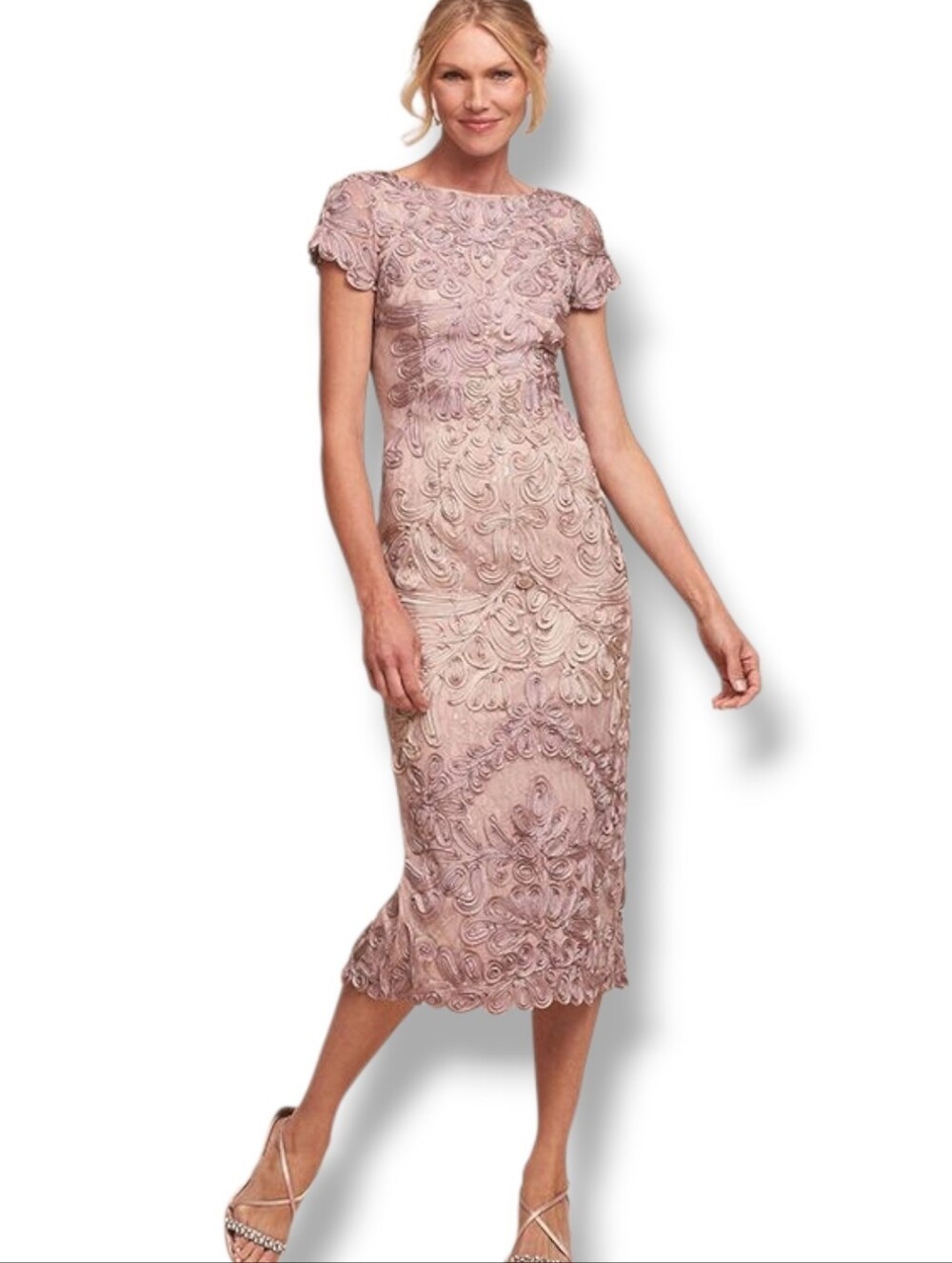 JS Collections Jackie Soutache Sheath Midi Dress Pink Sand Floral Lace 12